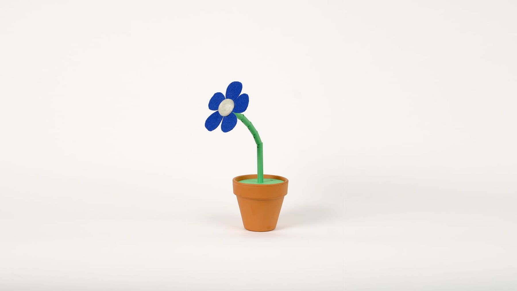 The DataBloom flower: ultramarine felt petals on a green segmented stem in a small terracotta pot, standing on a white studio backdrop.